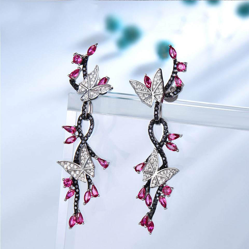 Butterfly Nano Gemstone Black Spinel Ruby Retro Earrings