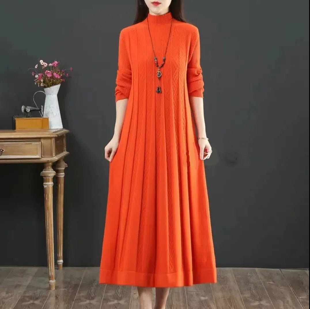 Women's Loose Solid Color Sweater Pleated Dress