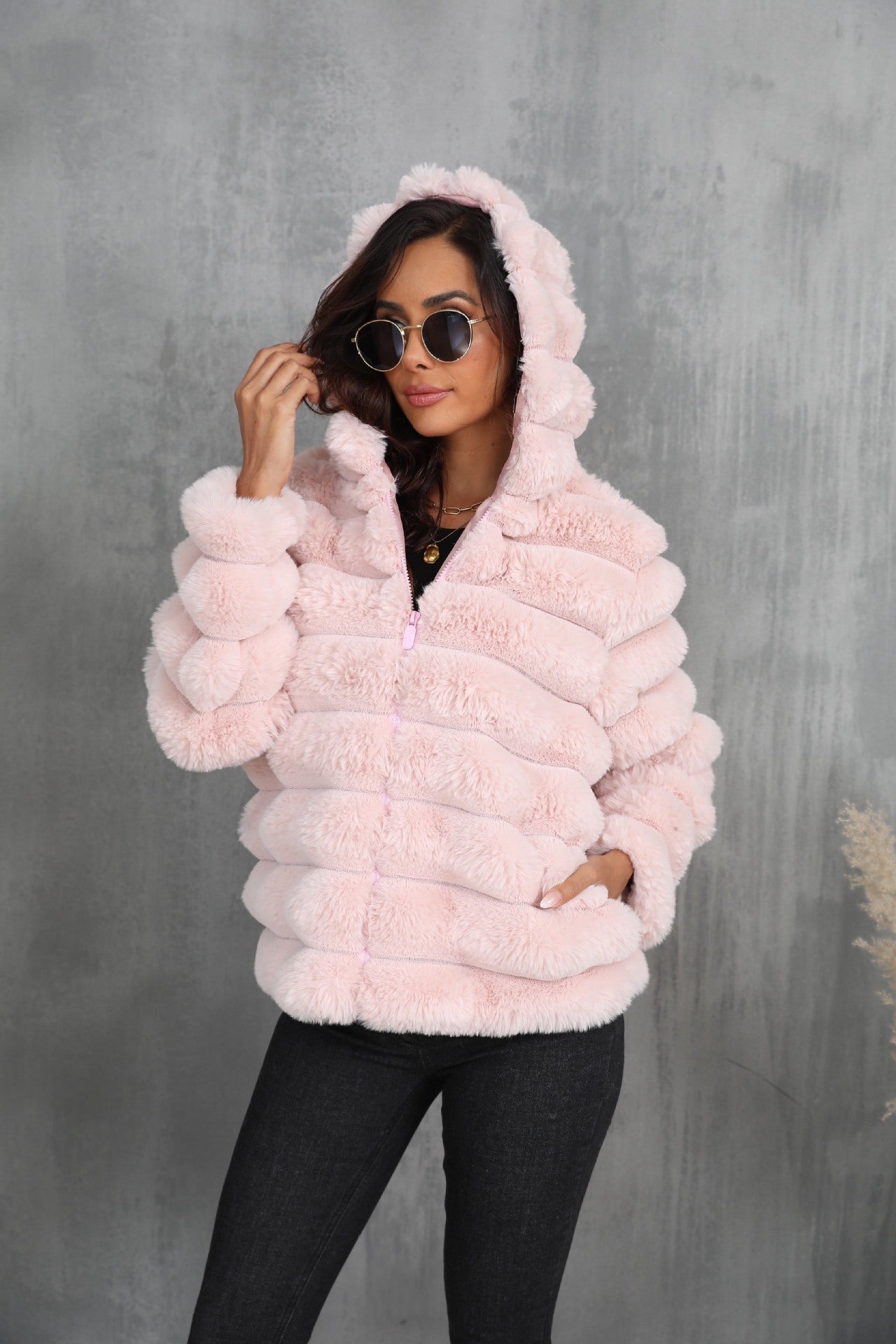 Women's Striped Hooded Imitation Fur Short Jacket