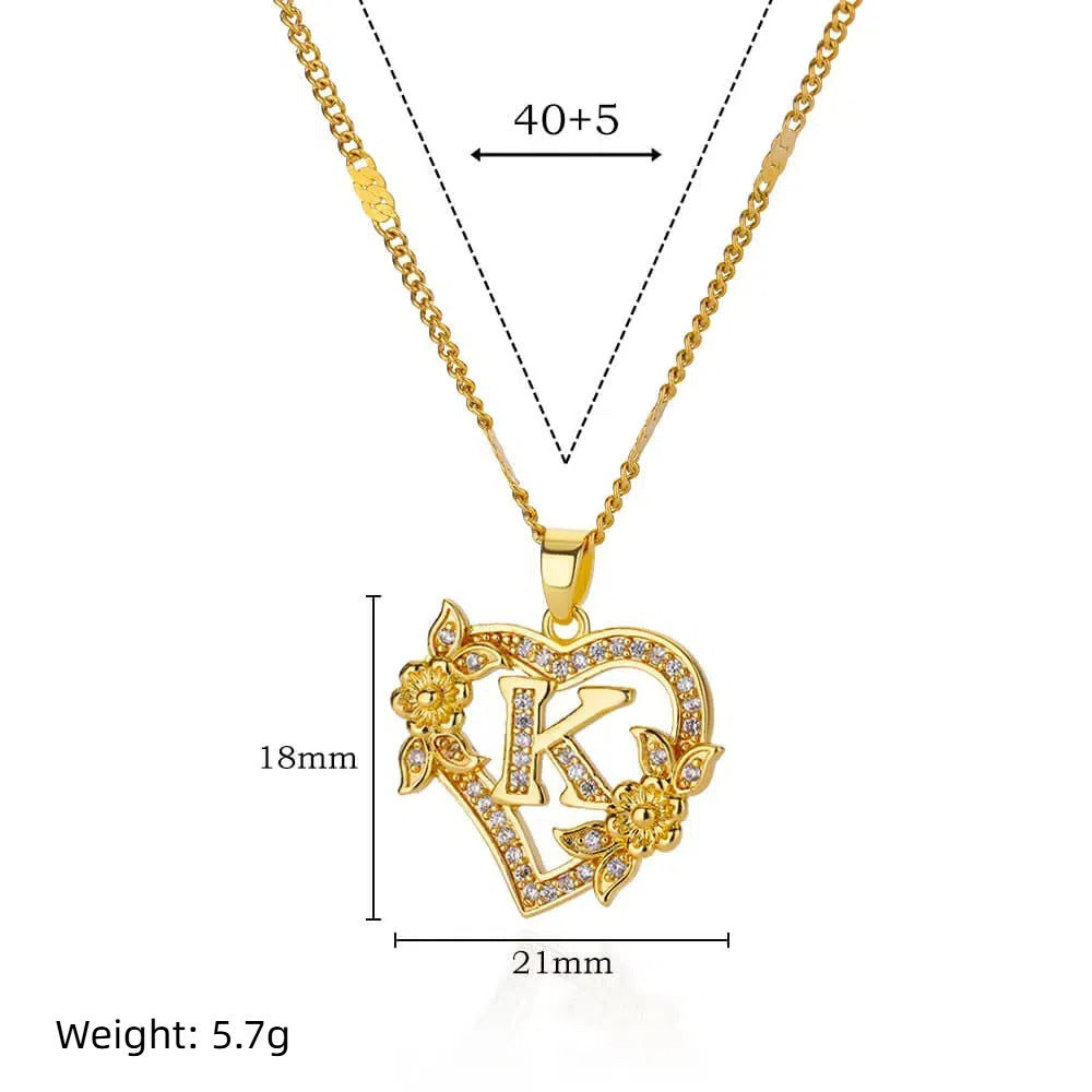 Simple Fashion Hollowed-out Love Heart Flowers 26 English Letters Diamond Pendant Necklace