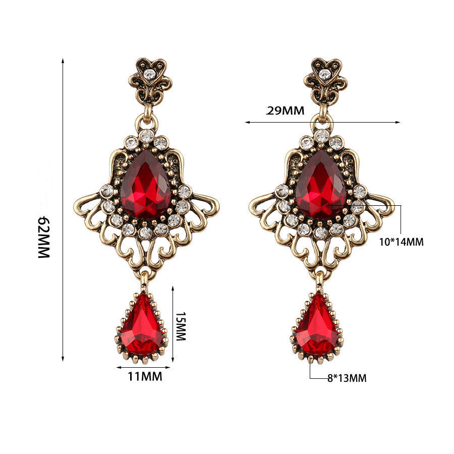 Fashion Hollowed-out Drop-shaped Ruby Glass Elegant Crystal Earrings