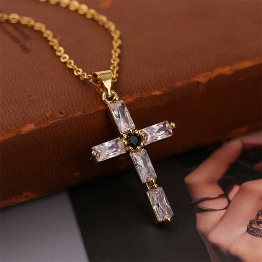 Retro Religious Copper Inlaid Zirconium Real Gold Plating Cross Necklace