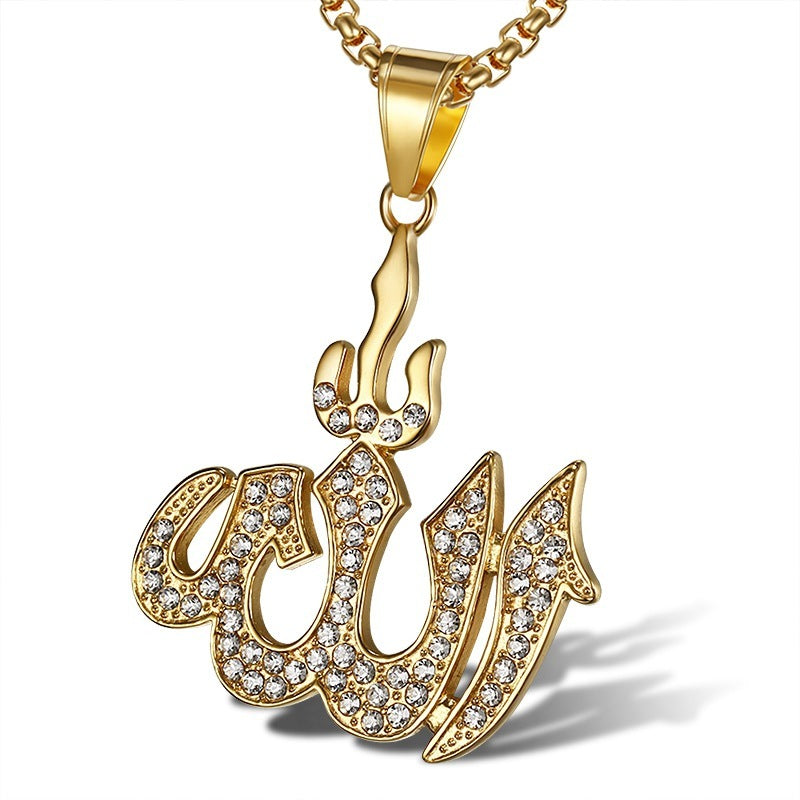 Titanium Steel Gold Plated Diamond Religious Letter Symbol Pendant Necklace