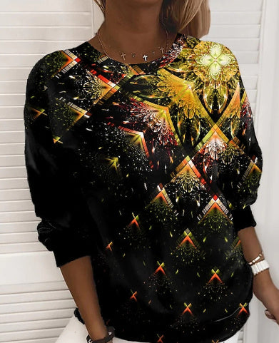 3D Gradient Pattern Digital Printed Round Neck Long-sleeved Sweater