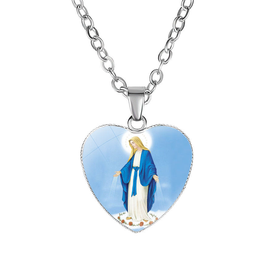 Catholic Virgin Head Portrait Heart-shaped Religious  Time Gemstone Necklace