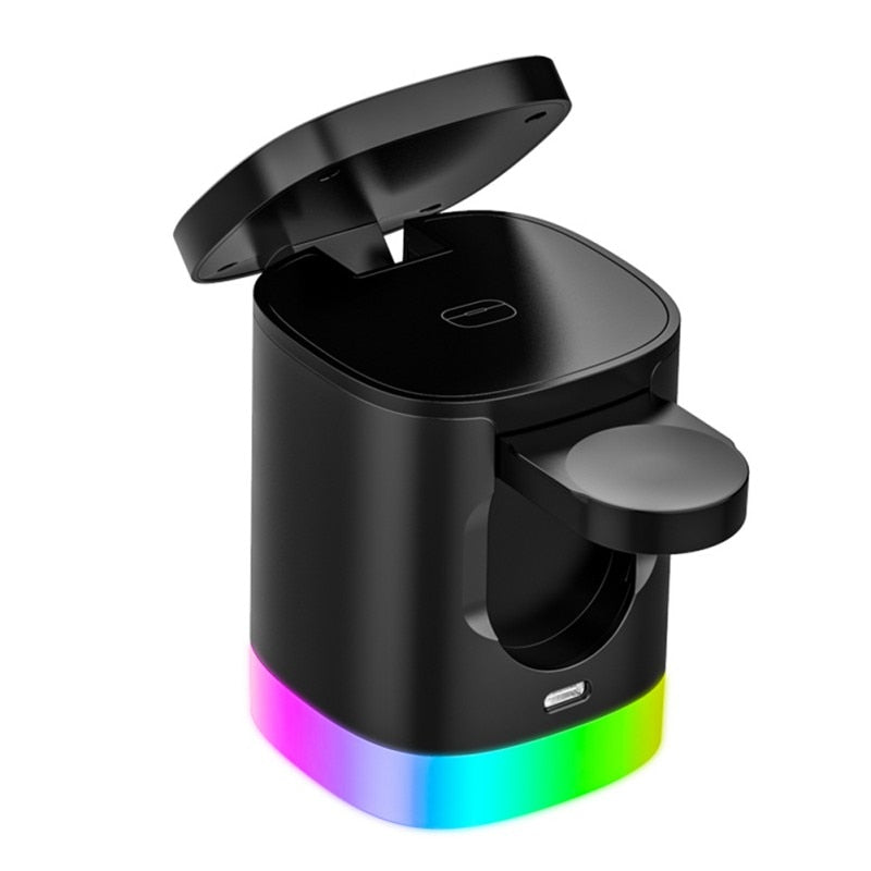 Cargador rápido inalámbrico magnético 3 en 1 para teléfono inteligente, estación de carga de luz ambiental RGB para Airpods IWatch