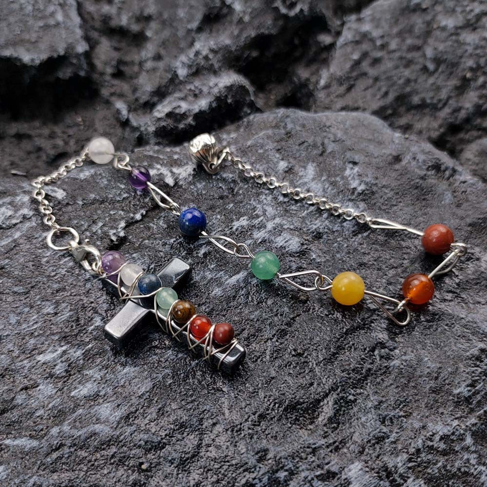 Natural Stone Religious Cross Pendant Bracelet