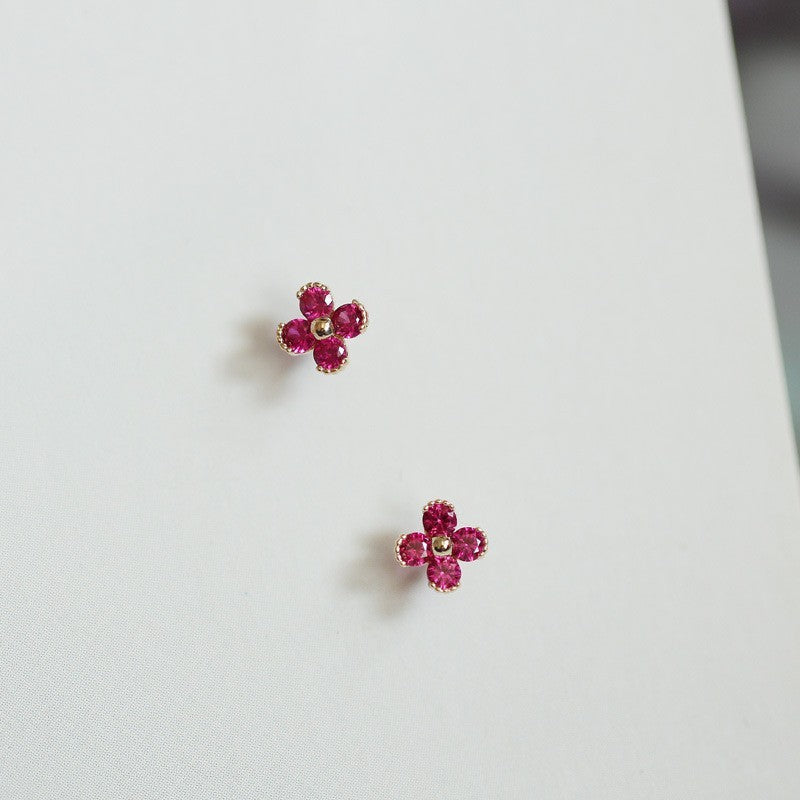 925 Silver Rose Red Little Flowers Ruby Stud Earrings