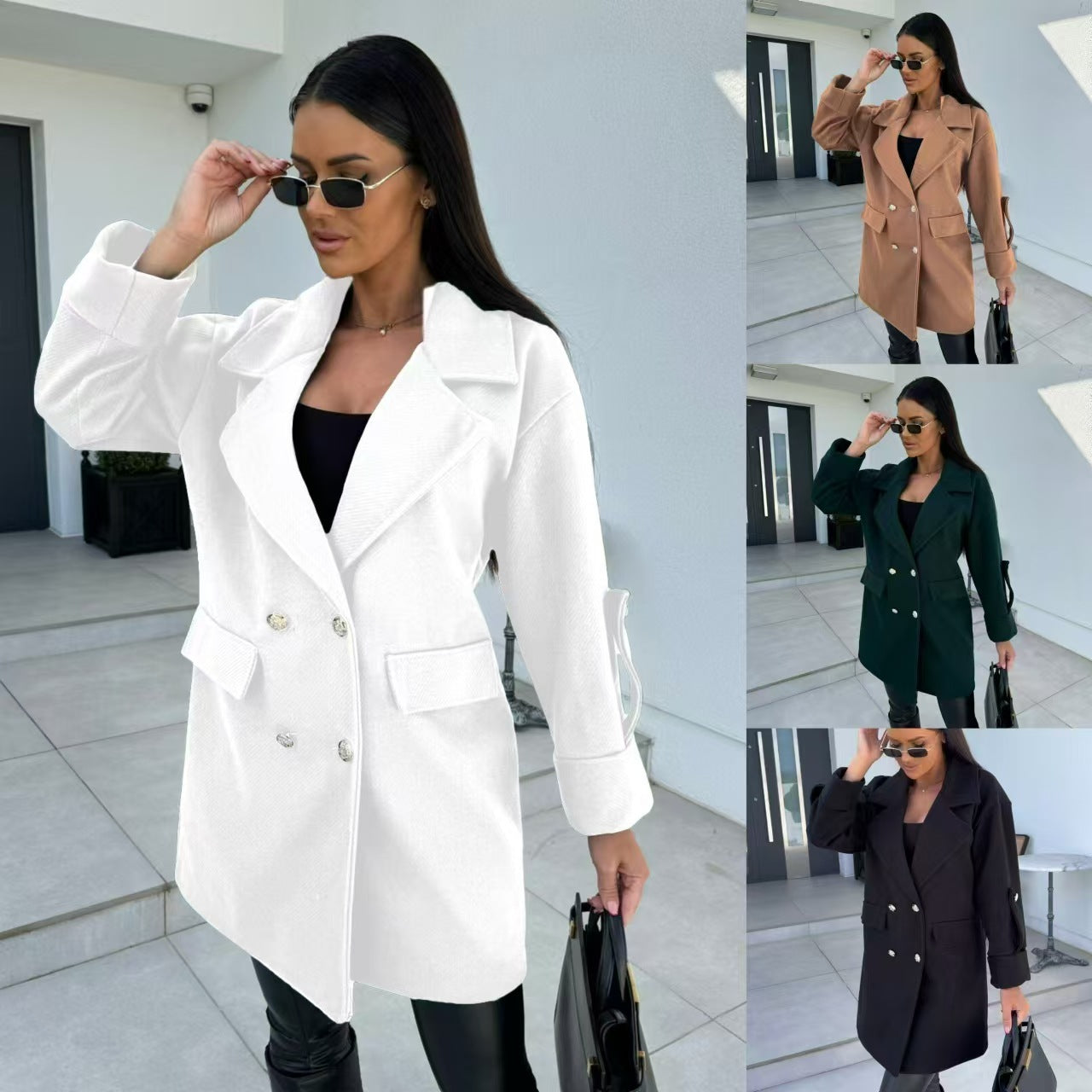 Winter Solid Color Fashion All-match Double-breasted Woolen Coat Women's Clothing