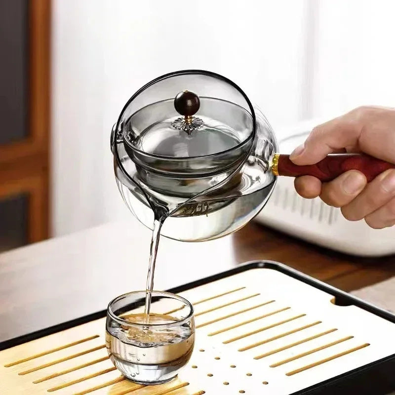 Semi-awtomatikong Rotary Heat-resistant Glass Teapot Lazy Tea Making With Infuser At Wooden Handle Office Home Accessories Mga Gadget sa Kusina