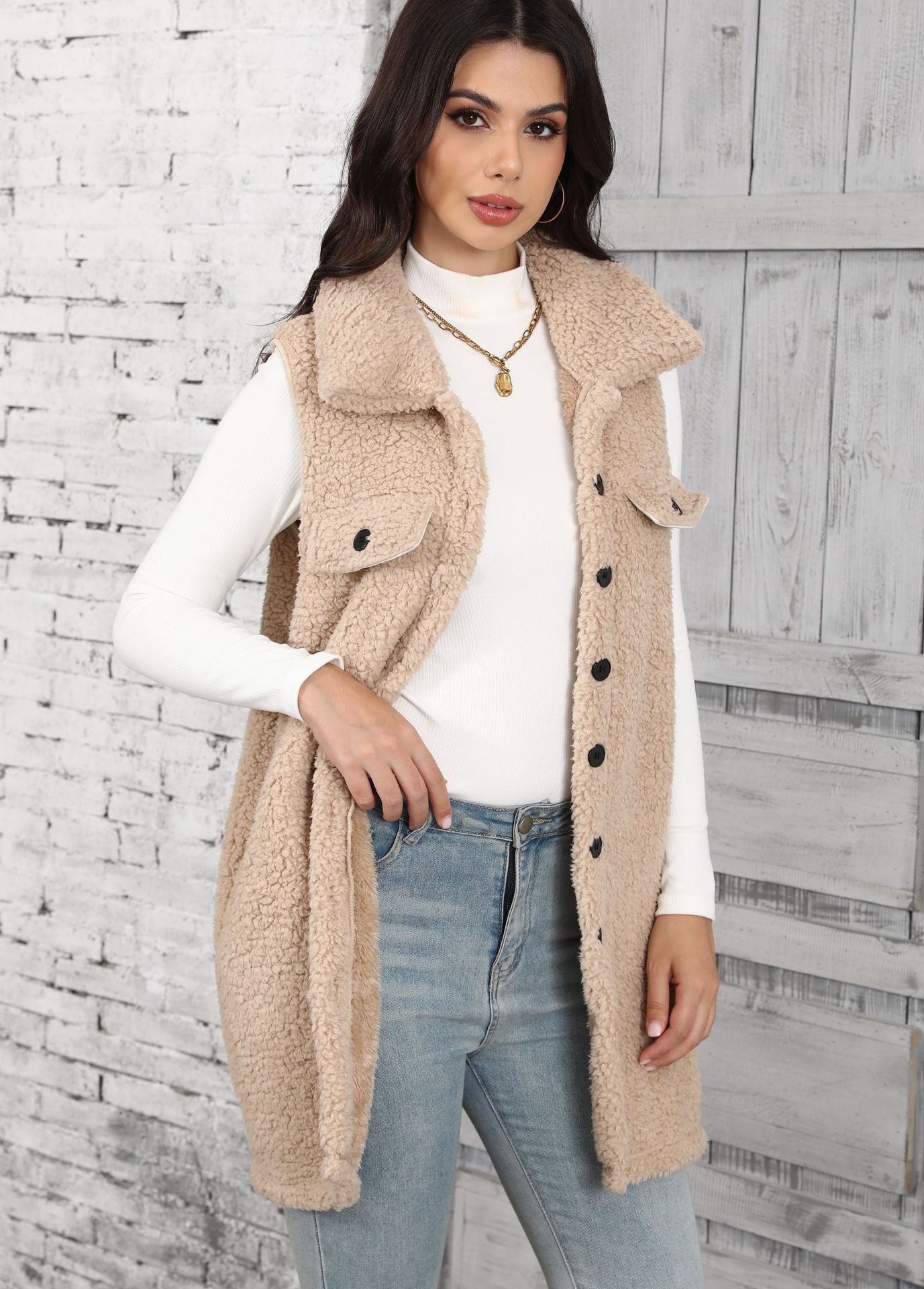 Autumn And Winter New Polo Collar Sleeveless Loose Cardigan Vest