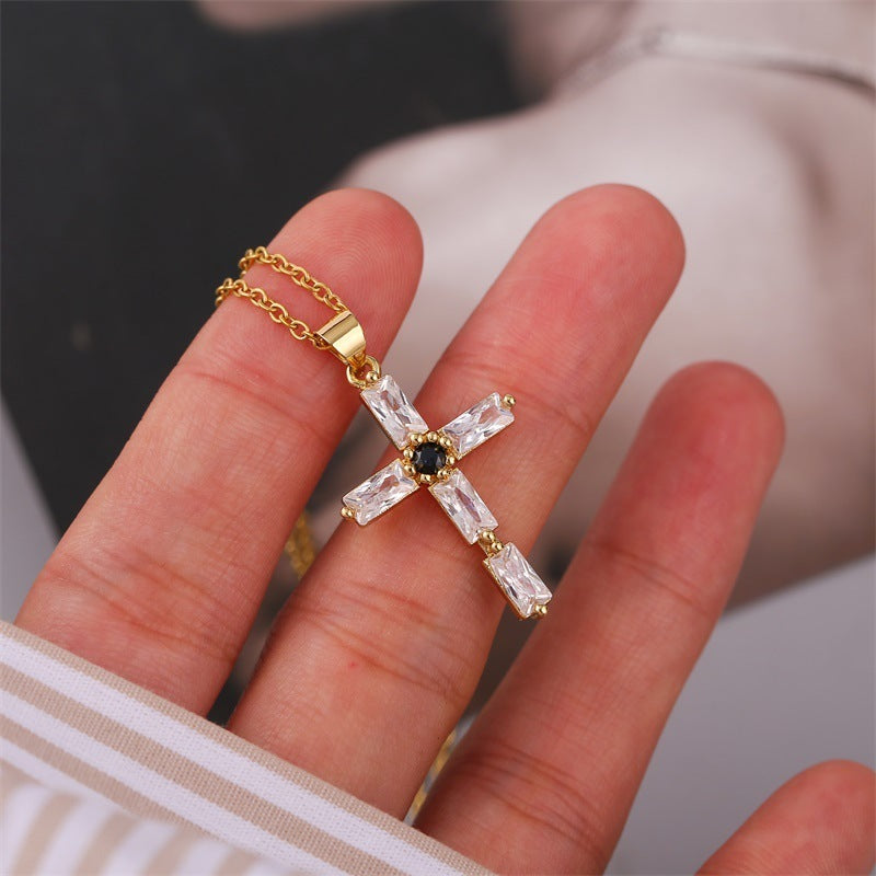 Retro Religious Copper Inlaid Zirconium Real Gold Plating Cross Necklace