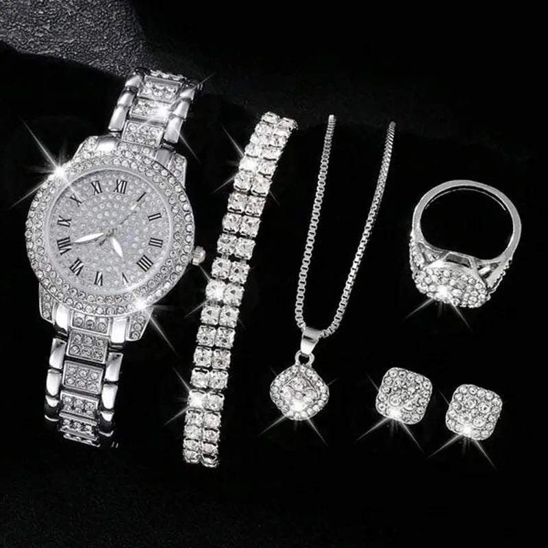 Conjunto de cinco piezas de reloj de cuarzo romano de moda con diamantes para mujer