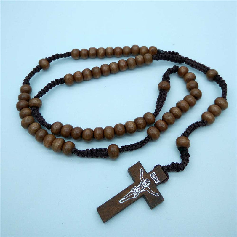 Wooden beads necklace religious cross