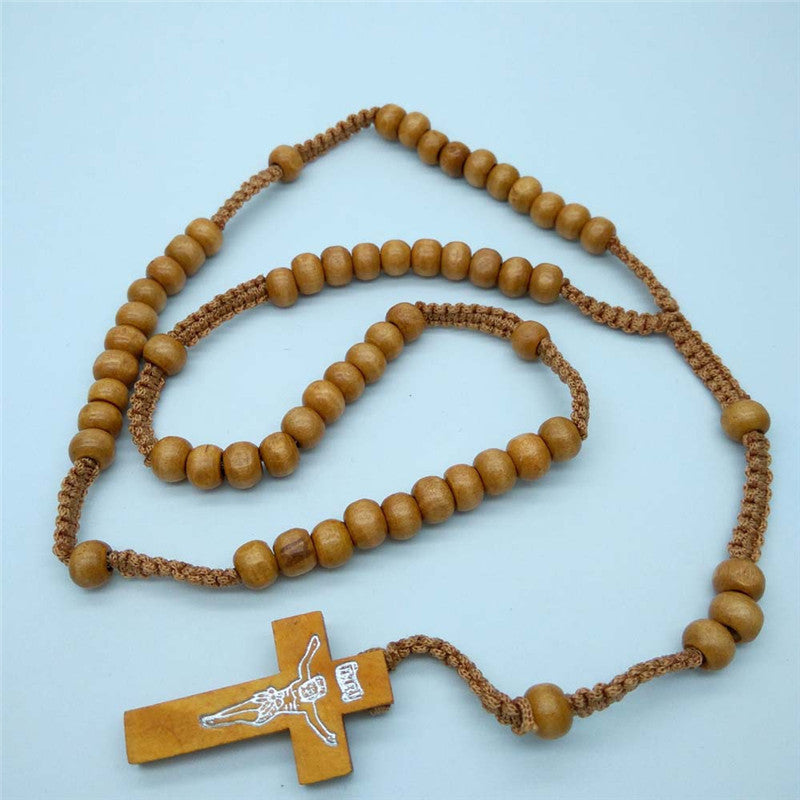 Wooden beads necklace religious cross