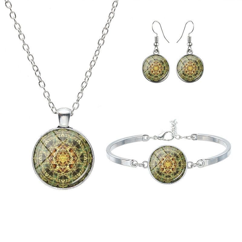 Mandala Flower Religious Time Gem Necklace Set