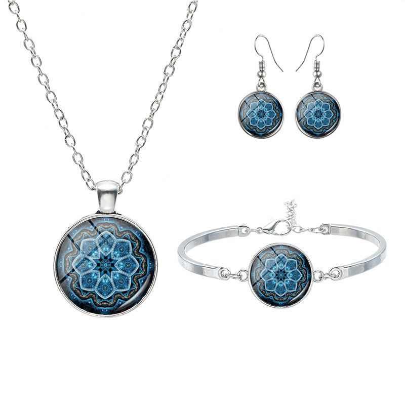 Mandala Flower Religious Time Gem Necklace Set