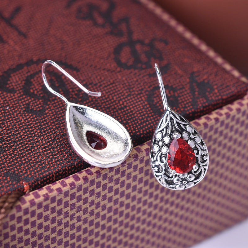 Water Drop Pear Shaped Vintage Earrings Silver Carved Ruby