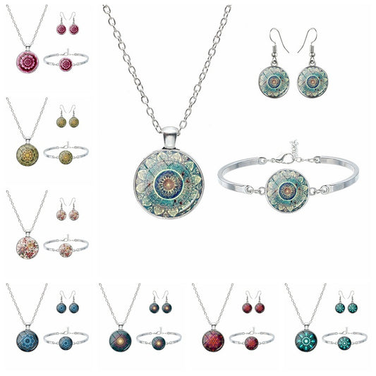 Mandala Flower Religious Time Gem Necklace Set