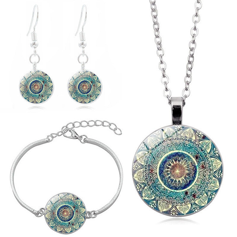 Mandala Flower Religious Time Gem Necklace Set