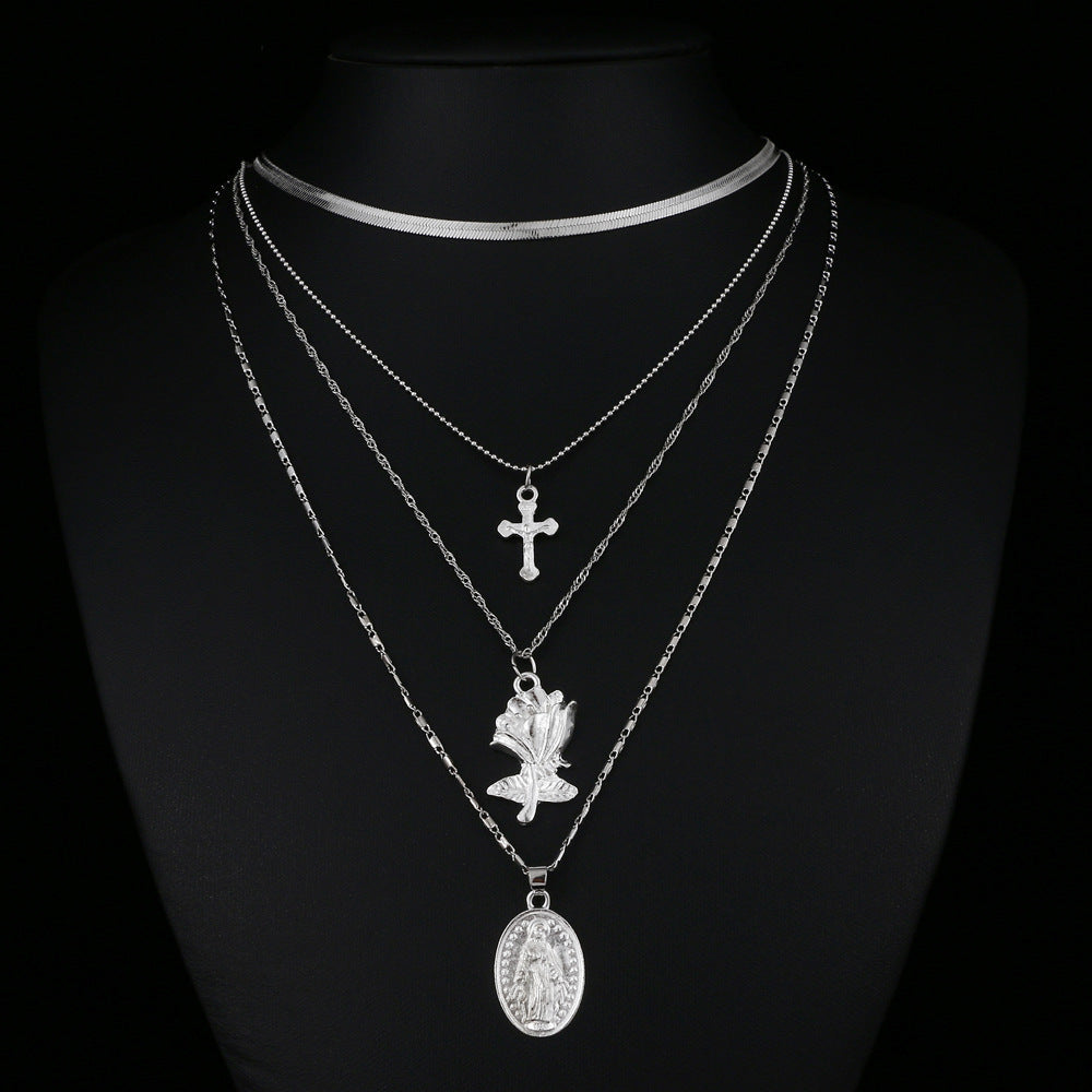 Multi-Layer Alloy Necklace Religious Three-Layer Cross Flower Virgin Long Pendant