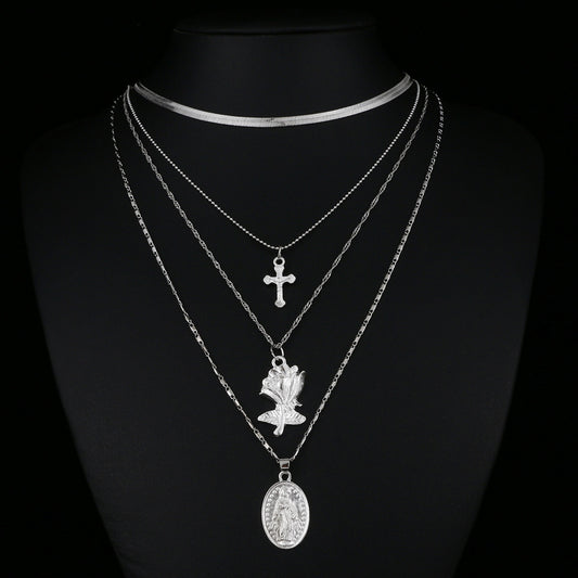 Multi-Layer Alloy Necklace Religious Three-Layer Cross Flower Virgin Long Pendant