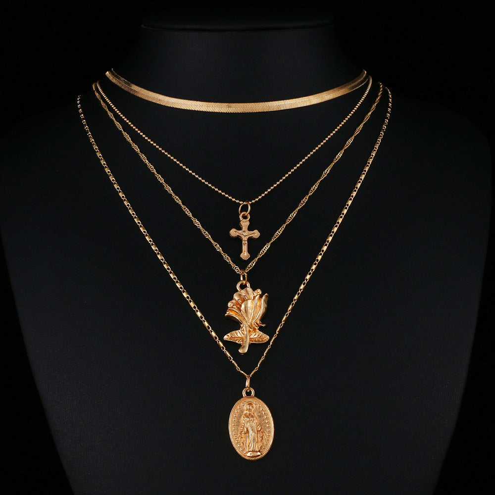 Multi-Layer Alloy Necklace Religious Three-Layer Cross Flower Virgin Long Pendant