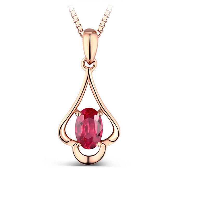 8k Rose Gold Clavicle Chain Ruby Pendant Necklace