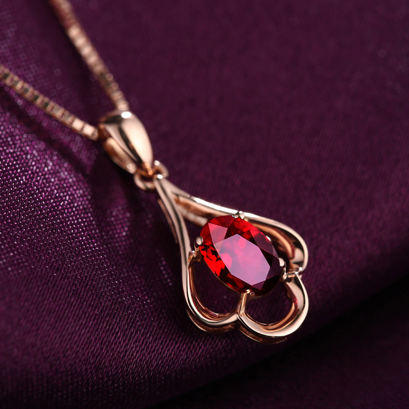 8k Rose Gold Clavicle Chain Ruby Pendant Necklace