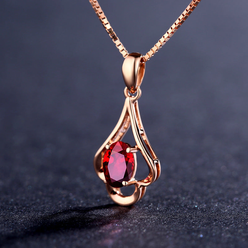 8k Rose Gold Clavicle Chain Ruby Pendant Necklace