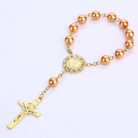 Golden Diamond Virgin Mary Religious Wedding Ceremony Baby Baptism Rosary Cross Bracelet