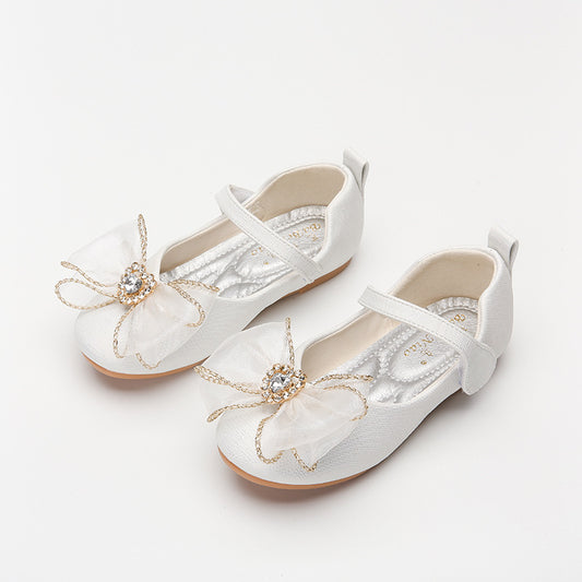 Spring New Girls' Single Shoes Cute Bow Rhinestone Soft Sole Flat Shoes