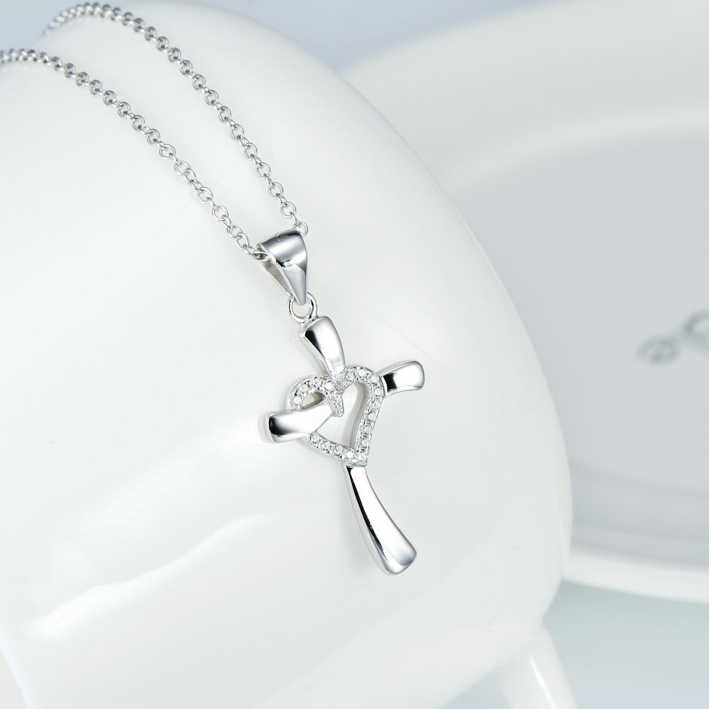 925 Sterling Silver Love Diamond Cross Necklace Christian Religious Pendant