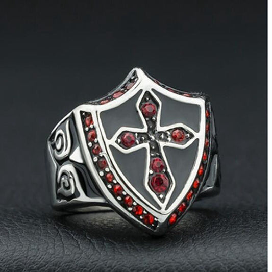 New Men's Punk Domineering Religious Jesus Red Diamond Cross Diamond Ring