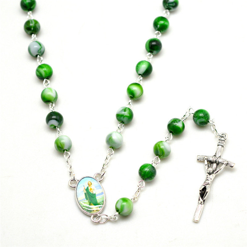 Green Acrylic Bead Fashion Rosary Necklace Cross Religious Necklace