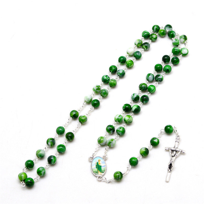 Green Acrylic Bead Fashion Rosary Necklace Cross Religious Necklace