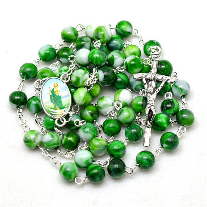 Green Acrylic Bead Fashion Rosary Necklace Cross Religious Necklace