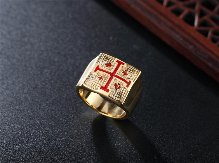 Retro Personality Red Cross Men'S Titanium Steel Ring Religious Jewelry