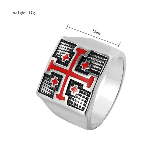 Retro Personality Red Cross Men'S Titanium Steel Ring Religious Jewelry