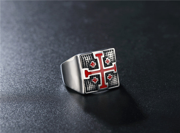 Retro Personality Red Cross Men'S Titanium Steel Ring Religious Jewelry