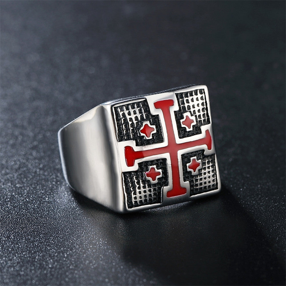 Retro Personality Red Cross Men'S Titanium Steel Ring Religious Jewelry