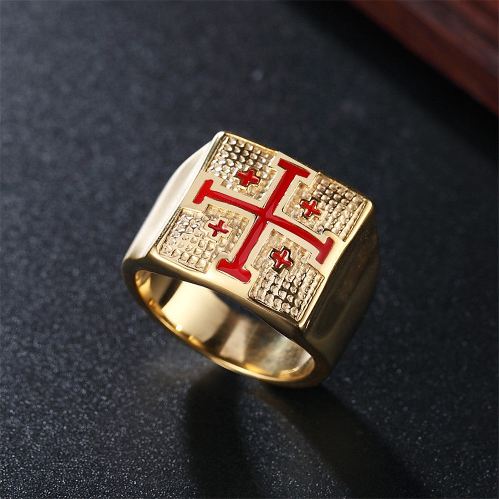 Retro Personality Red Cross Men'S Titanium Steel Ring Religious Jewelry