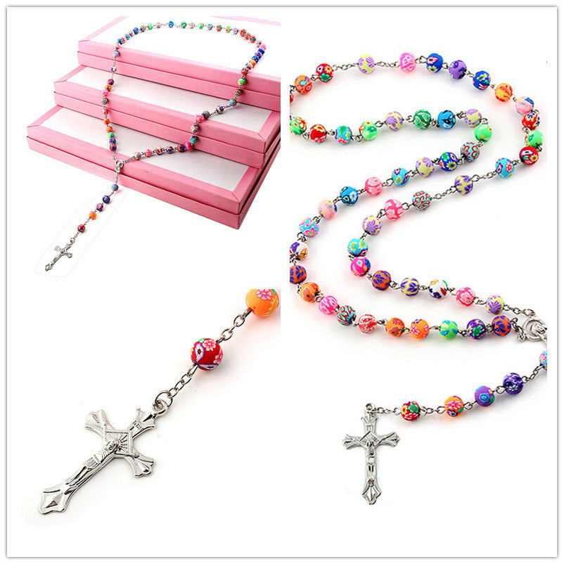 Clay Cross Necklace Colorful Prayer Beads