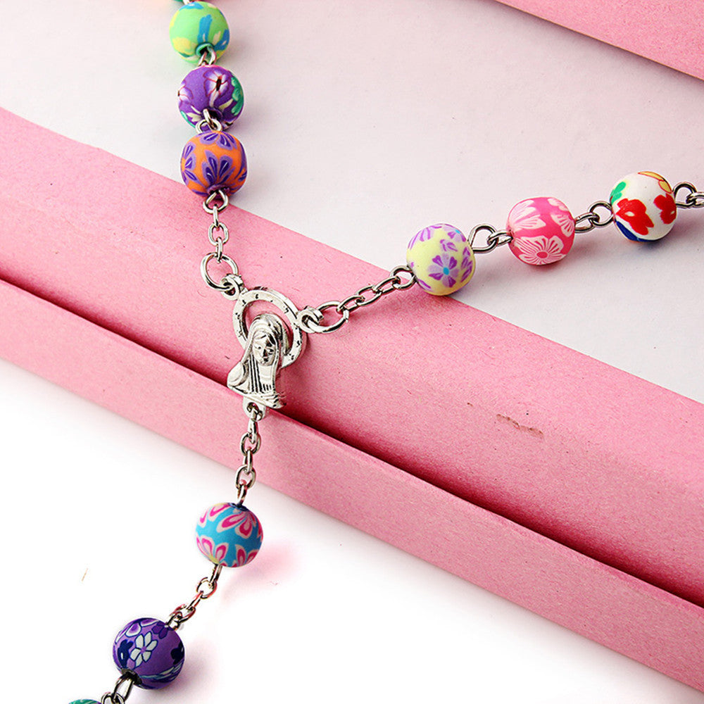 Clay Cross Necklace Colorful Prayer Beads