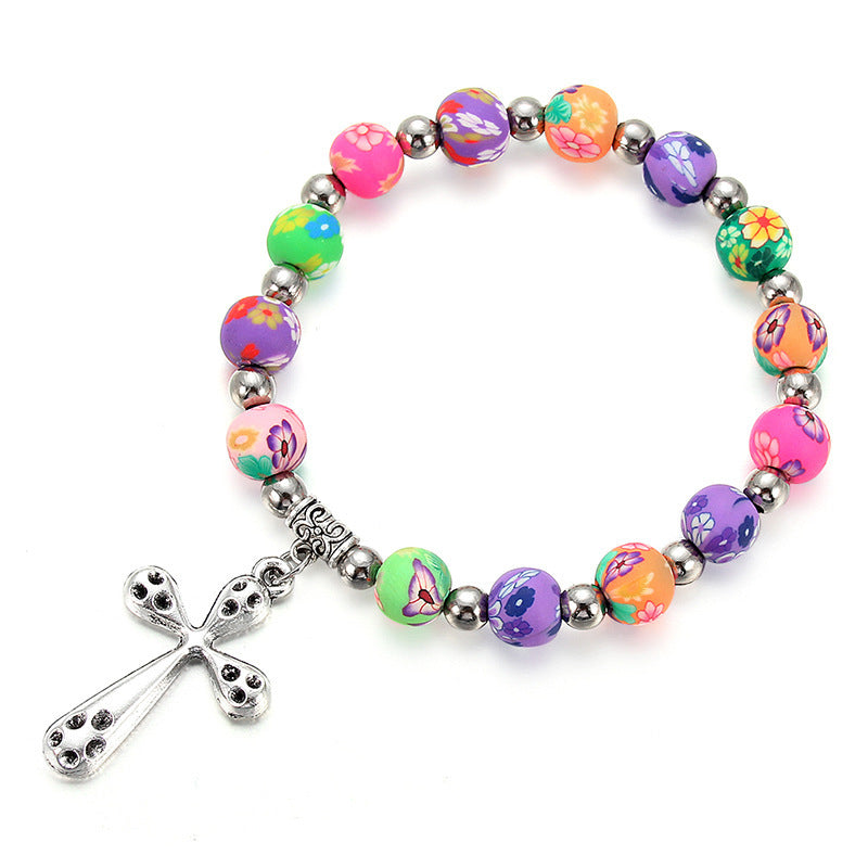 Clay Cross Necklace Colorful Prayer Beads