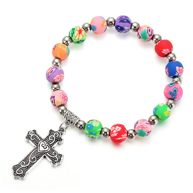 Clay Cross Necklace Colorful Prayer Beads