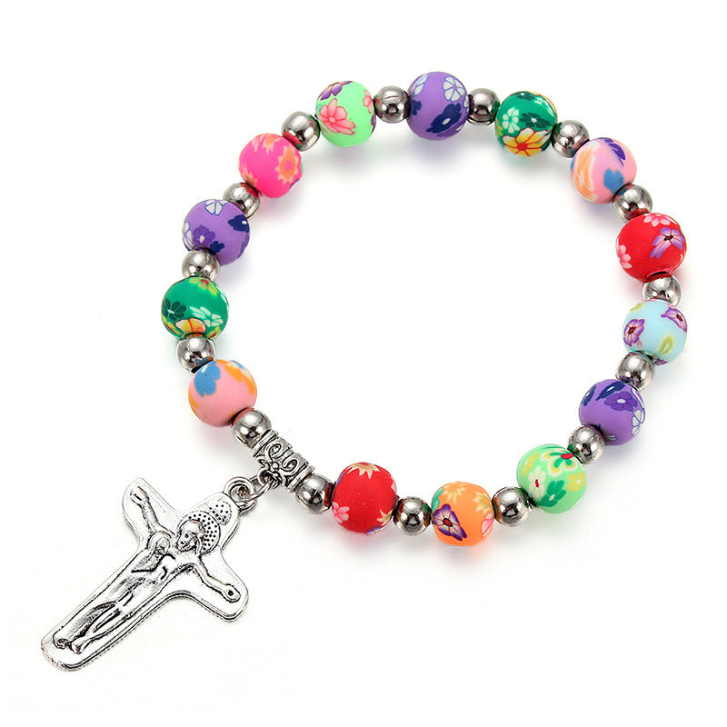 Clay Cross Necklace Colorful Prayer Beads