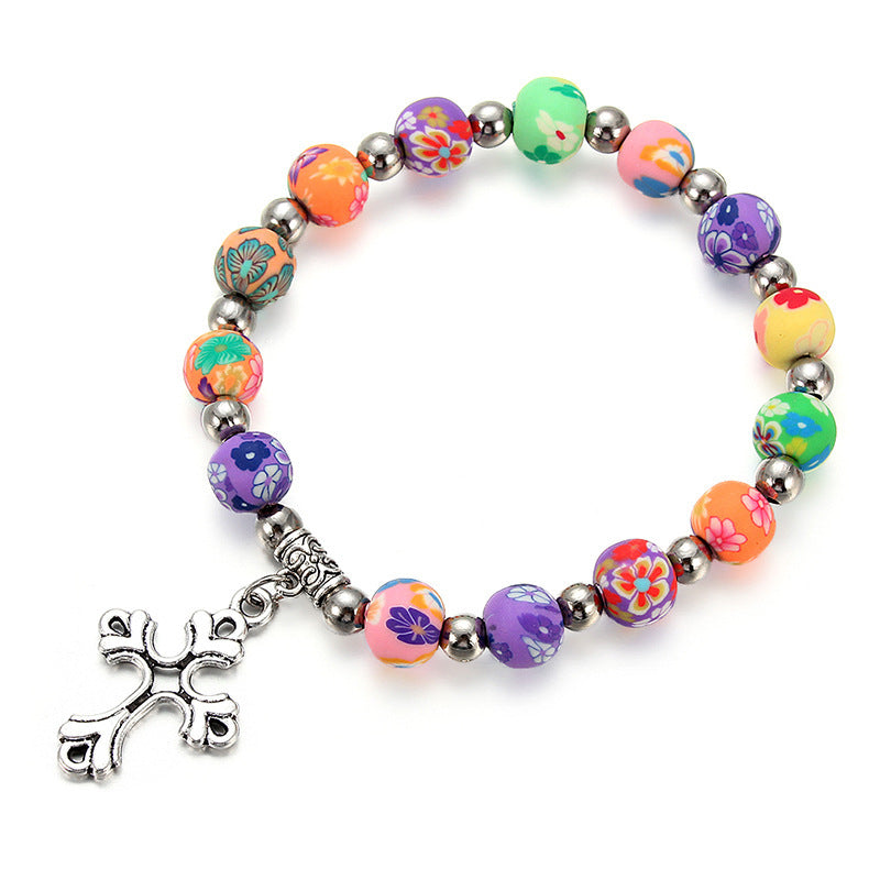 Clay Cross Necklace Colorful Prayer Beads