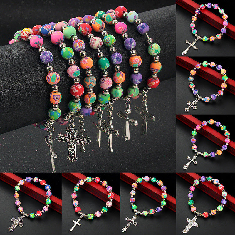 Clay Cross Necklace Colorful Prayer Beads