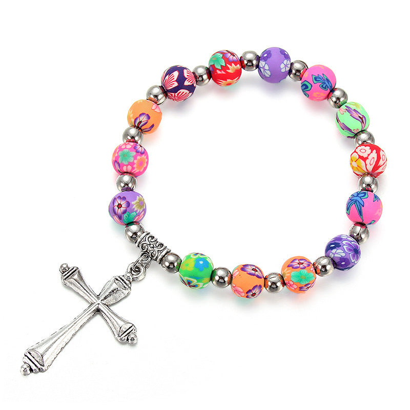 Clay Cross Necklace Colorful Prayer Beads